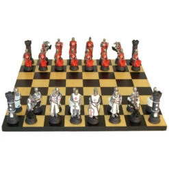 Chess: Crusades Red/White Hand-Painted Resin Chess Pieces On Black/Maple Chest 13.5 (Preorder)